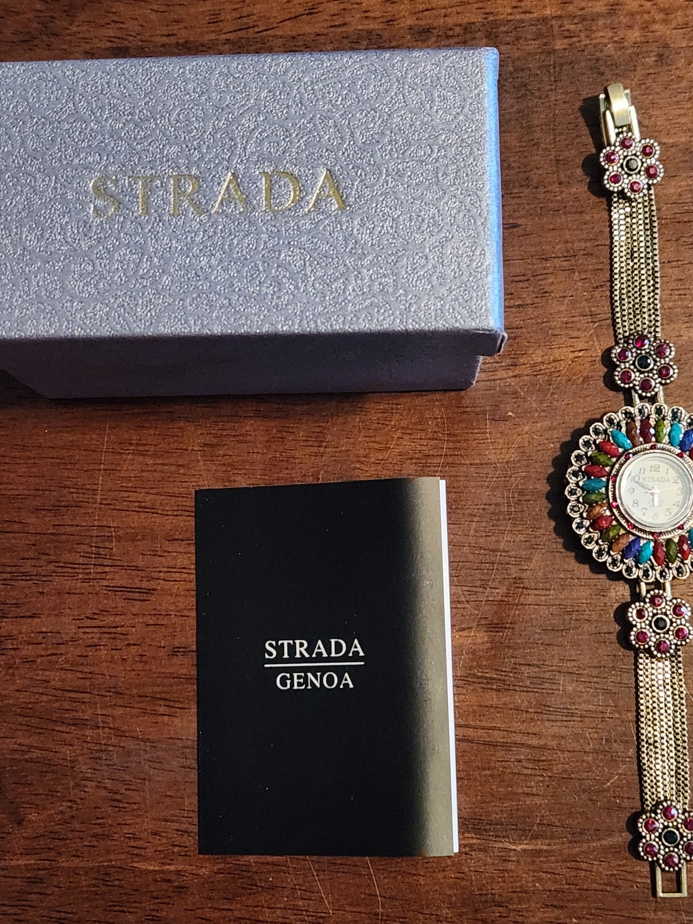 New Strada Bracelet Watch Rhinestone Quartz Golden Round With Box  Booklet
